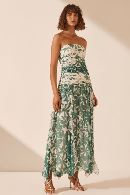 Ruched Strapless Midi Dress