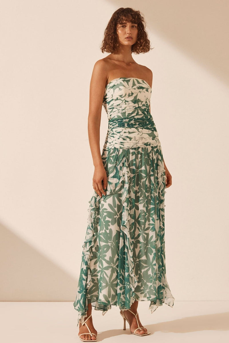 Ruched Strapless Midi Dress