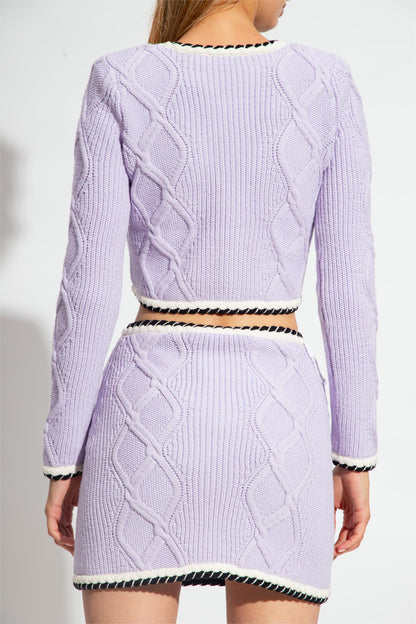 Long Sleeve V-neck Knit Short Sweater Purple