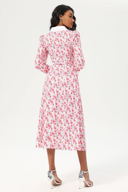 Long Sleeve Doll Collar Buttoned Midi Dress Pink