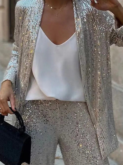 Tossy Sequin 2 Piece-set Straight Leg Slim Glitter Patchwork Suit Outwear and Pants Sets