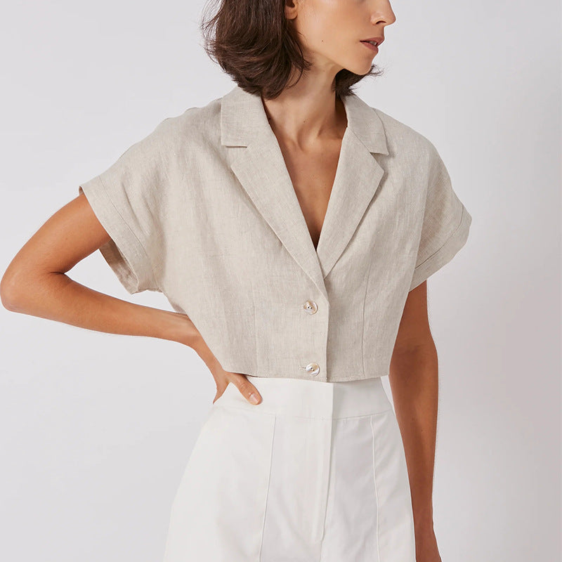 Summer French Cotton Linen Short Collared Shirt Urban Design Pure Linen Short Sleeve Tup Cardigan