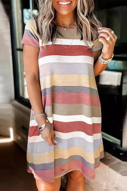 Street Striped Patchwork Pocket O Neck T-shirt Dress Short Sleeve Dress(5 Colors)