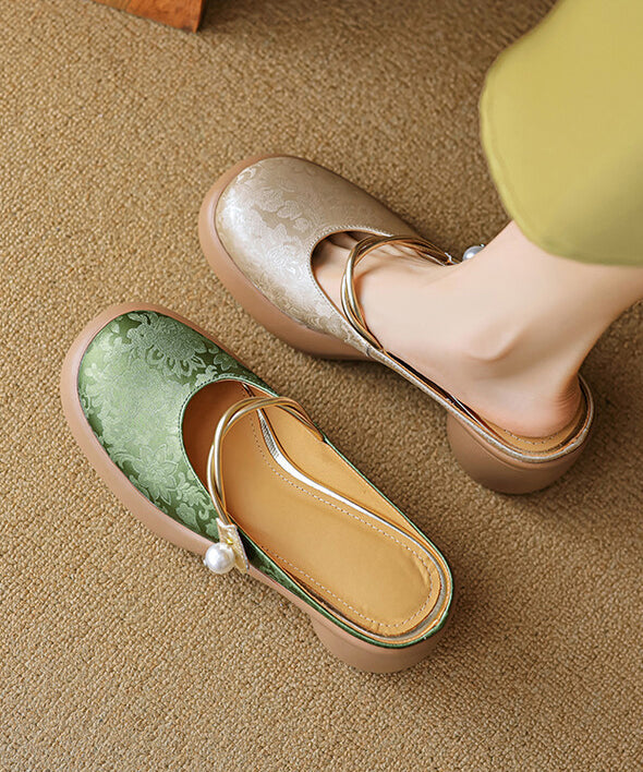 Chinese Style Comfy Apricot Chunky Heel Slide Sandals Oi066