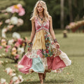 Women Vintage Pink Floral Patch Art V Neck Linen Maxi Dress artswardrobe