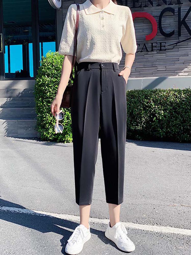 Suit Pants Woman High Waist Pants Office Lady Harem Pants Trousers Black Beige Korean Capris