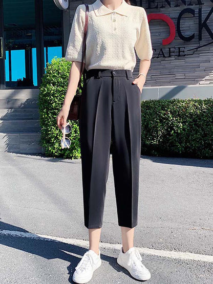 Suit Pants Woman High Waist Pants Office Lady Harem Pants Trousers Black Beige Korean Capris