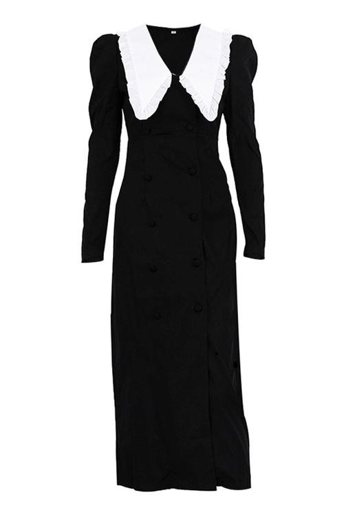 Ruffled Swallow Contrasting Collar Long Sleeve Split Midi Dress