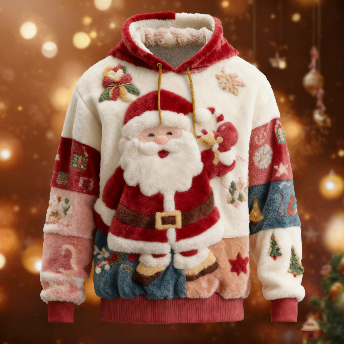 Comstylish Men's Cute Santa Claus Striped Patchwork Holiday Plush Hoodie