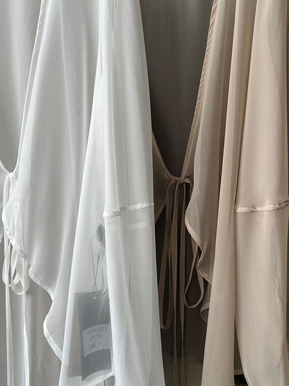 Bishop Sleeve Long Sleeves See-through Split-joint Tied Collarless Blouses&shirts Tops