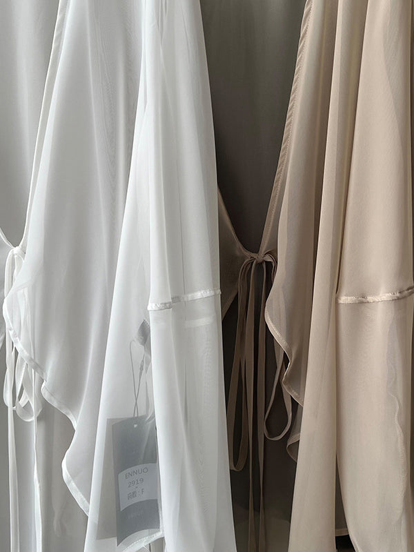 Bishop Sleeve Long Sleeves See-through Split-joint Tied Collarless Blouses&shirts Tops