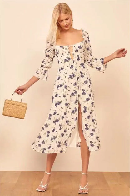 Square Collar Lace Up Slit Midi Dress
