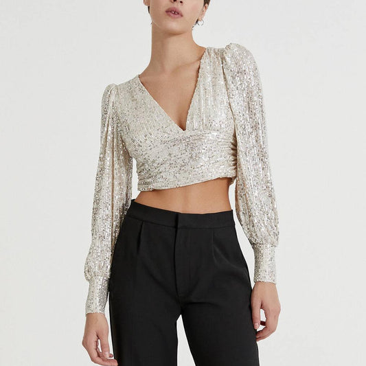 Clothing Party Puff Sleeve Sequined Blouse Long Sleeve Top