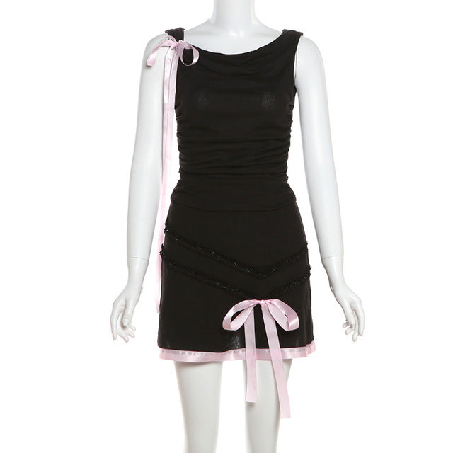 Taruxy One-shoulder Crop Top Mini Skirt Suit ’s Bow Slim Sleeveless Low Waist Splice Skirt Hot Girl Female Club Outfit