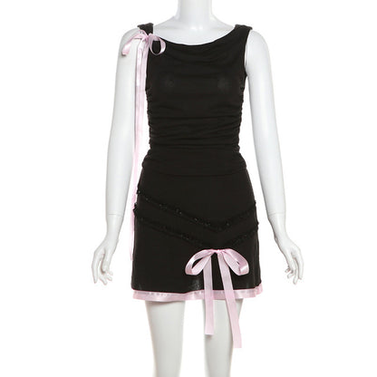 Taruxy One-shoulder Crop Top Mini Skirt Suit ’s Bow Slim Sleeveless Low Waist Splice Skirt Hot Girl Female Club Outfit