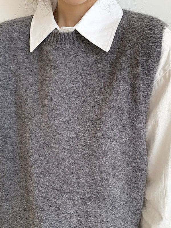 High-low Loose Color Split-joint Split-side Round-neck Knitwear Vest Top