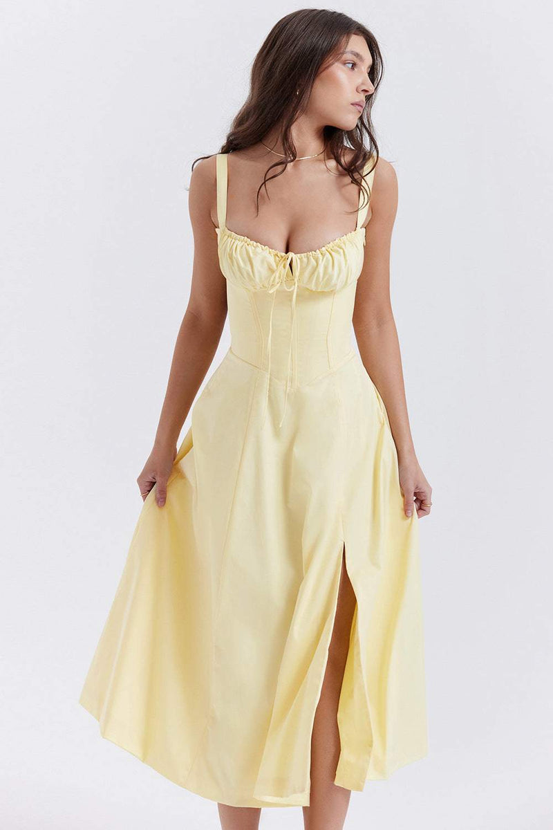 Lace Up Corest Slit Cami Midi Dress Yellow