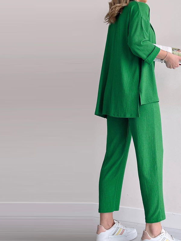Color High-low Split-side Lapel Blouses + High Waisted Pants Bottom Two Pieces Set