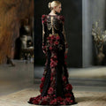 Comstylish Women's Vintage Skeleton Bones In Red Rose Art Velvet Maxi Dress