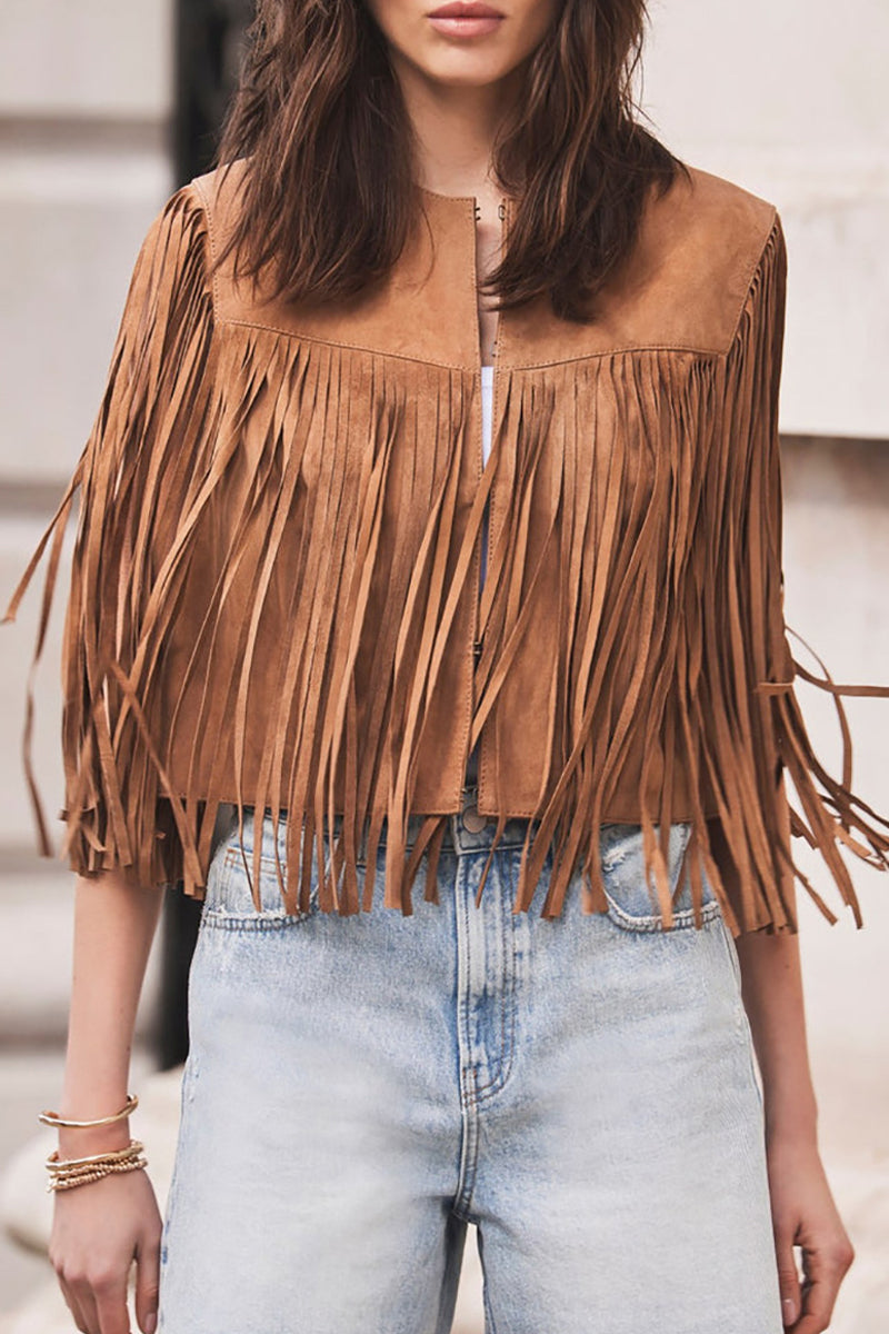 Street Color Fringed Trim O Neck Waistcoats