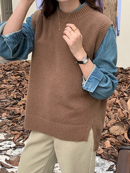 High-low Loose Color Split-joint Split-side Round-neck Knitwear Vest Top