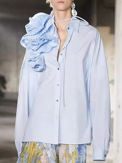 Long Sleeves Loose Asymmetric Buttoned Pleated Color Split-joint Three-dimensional Flower Lapel Blouses&shirts Tops