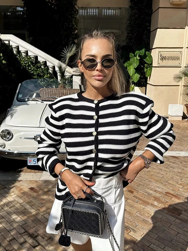 Tossy Zebra Printed Sweater Cardigan Loose Striped High Waist Patchwork Outwear Knitwear Female Coat