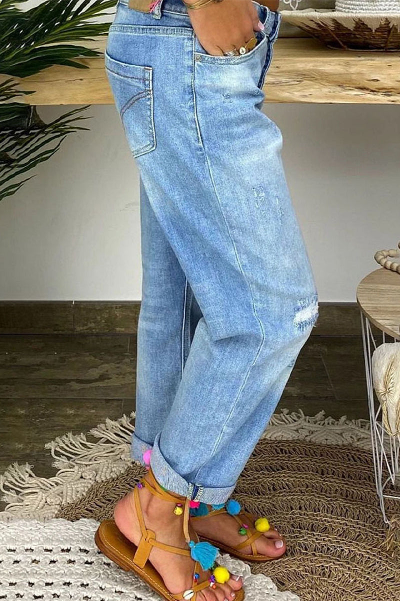 Street Patchwork Ripped High Waist Denim Jeans