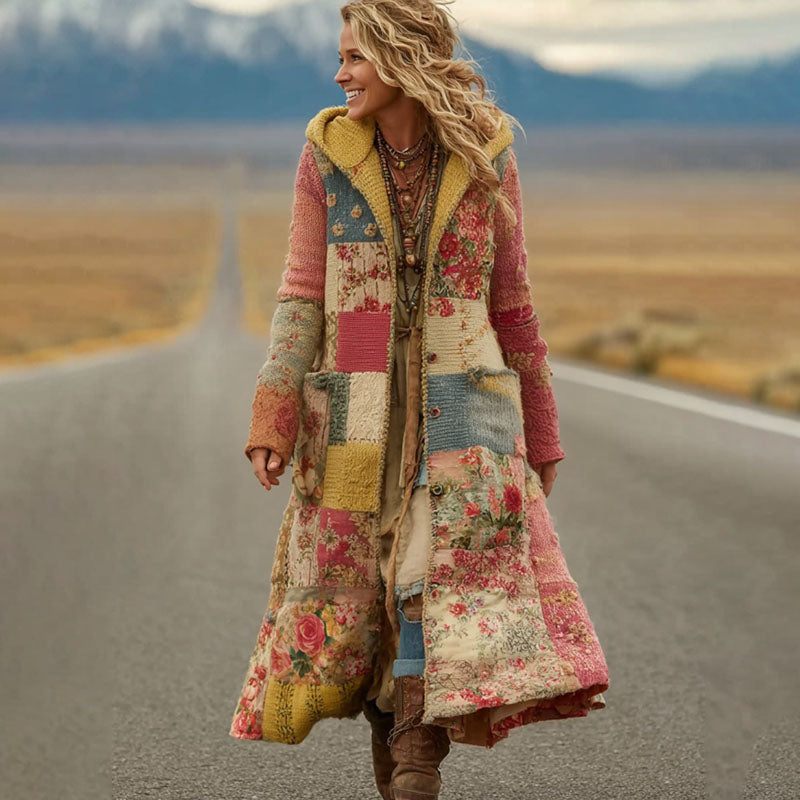 Comstylish Women's Vintage Patchwork Floral Art Cozy Knit Hooded Coat