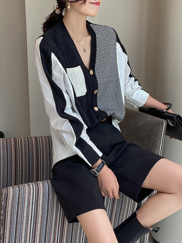 Urban Long Sleeves Contrast Color Split-joint V-neck Cardigan Tops