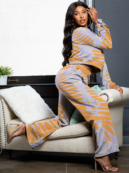 Striped Pocket Design Drawstring Pants Set Round Neck Long Sleeve Sweatshirt – Stylish and Comfortable Sweatshirt Set