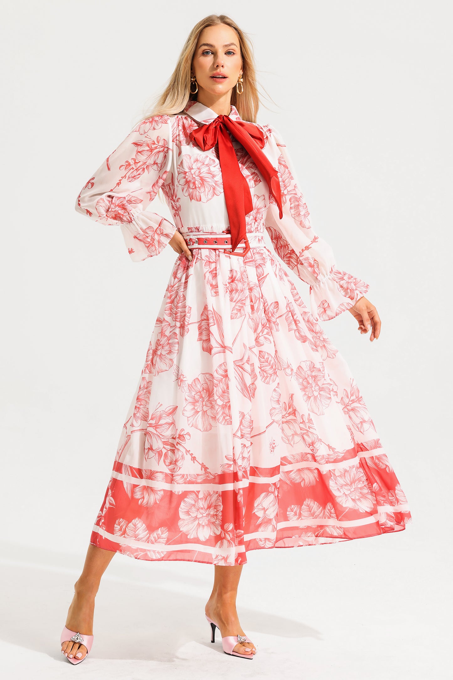 Lantern Sleeve Midi Dress With Belt