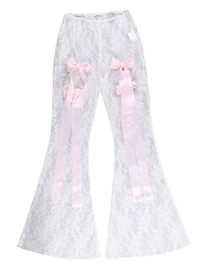 Tossy Bow Lace See-through Printed High Waist Mesh ’s Pants