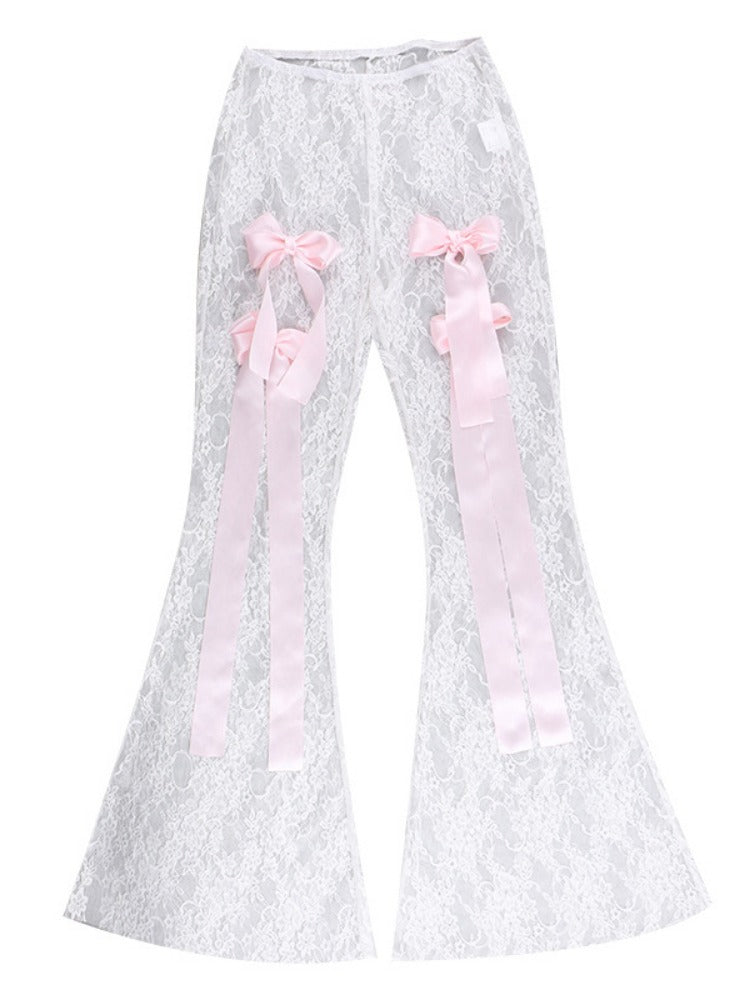 Tossy Bow Lace See-through Printed High Waist Mesh ’s Pants