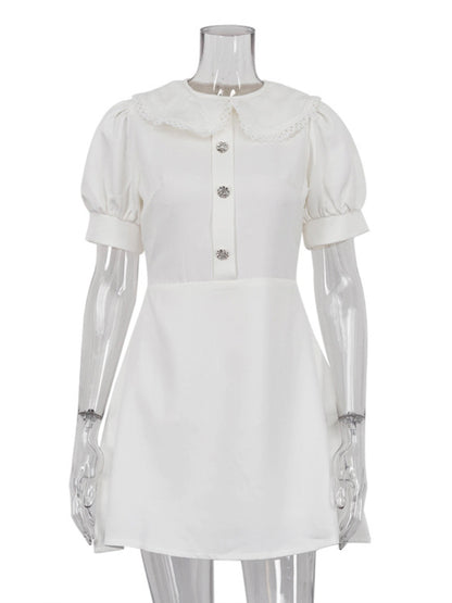 Tossy ’s Doll Collar Mini Dress a Line Lantern Sleeve Patchwork Button Slim Fit Holiday Party Dress Femme