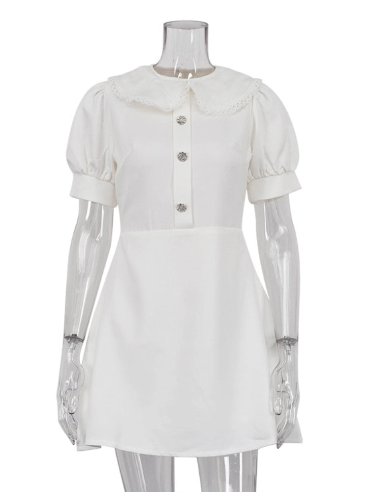 Tossy ’s Doll Collar Mini Dress a Line Lantern Sleeve Patchwork Button Slim Fit Holiday Party Dress Femme
