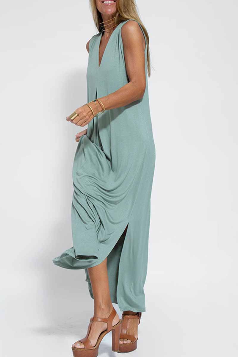 Street Patchwork V Neck Vest Dress Dresses(4 Colors)