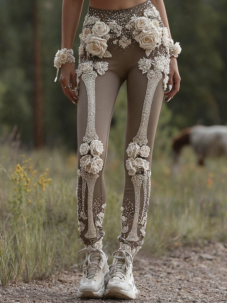 Vintage Halloween Skeleton Bones With Rose Art Cozy Knit Leggings artswardrobe