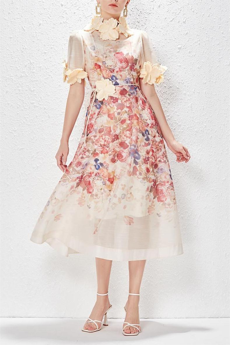 Round Neck Lace Up Short Sleeve Midi Dress
