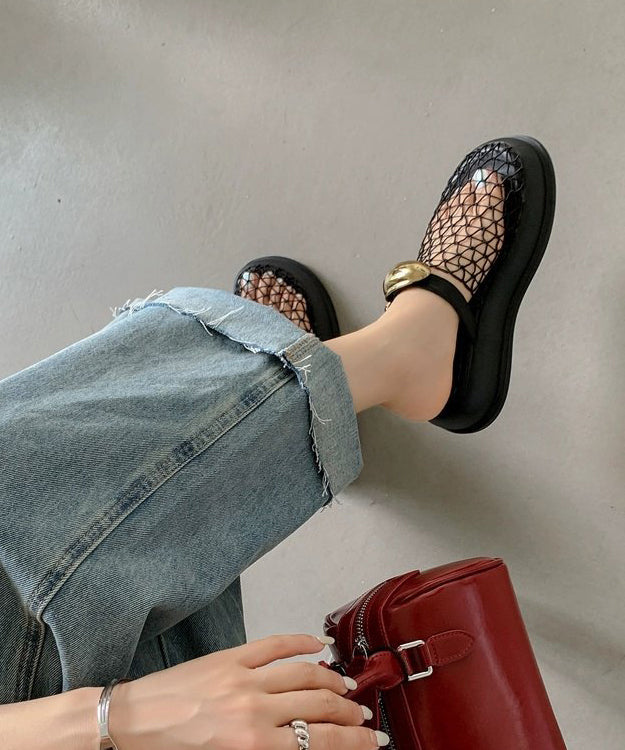 Black Hollow Out Breathable Mesh Platform Slide Sandals Oi075