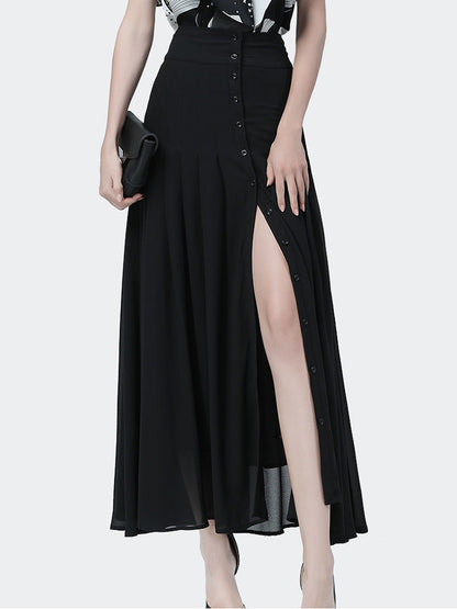 Mid-length Skirt All-match High-waist Button Slit Mesh Long Gauze Skirts for Summer Pleated Skirts Black