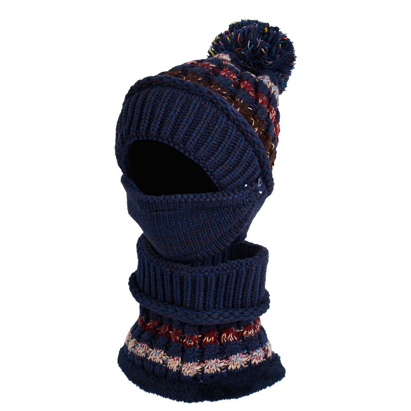 Three-Piece Fleece And Color-Block Knitted Hat, Scarf And Mask elevenforest