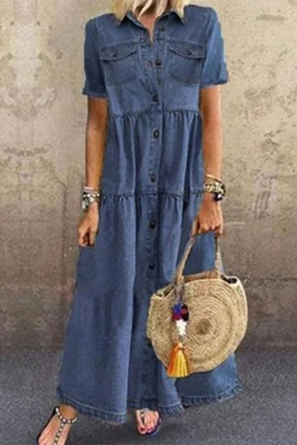 Make Old Turndown Collar Short Sleeve High Waist Regular Denim Dresses