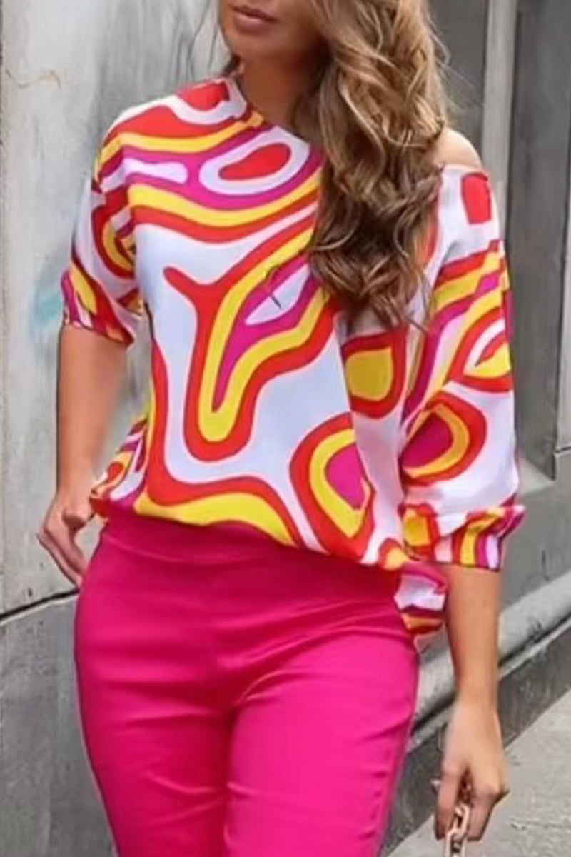 Work Print Patchwork Oblique Collar T-shirts