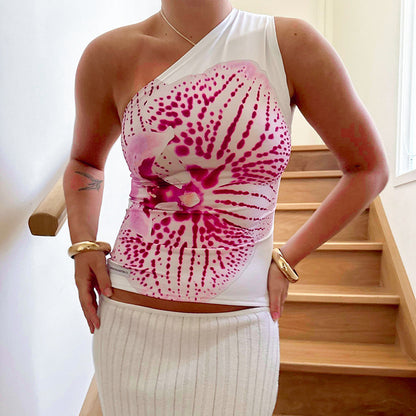 Cutenova Print Fitted Tops Resort Wear Graphic Tees Summer One Shoulder Slash Backless Tank Top