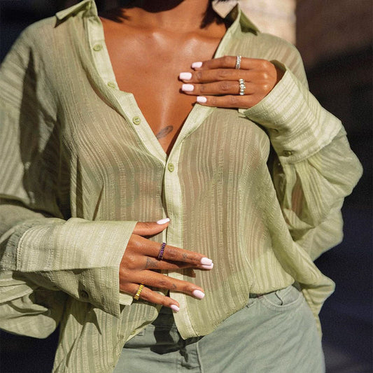 Hollow Out Cutout Loose Cardigan: Sheer Long Sleeve ’s Shirt