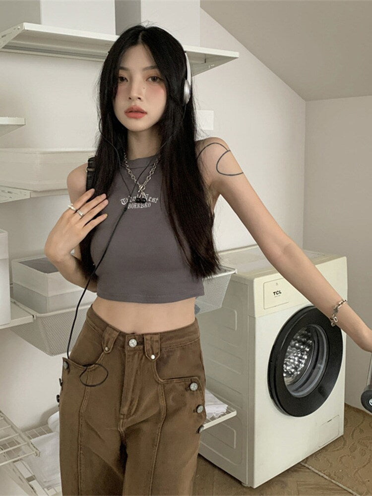Summer Ribbed Top Letter Vest Female Y2k Crop Top Sleeveless T-shirt Short Sport Tops Korean Tank Top