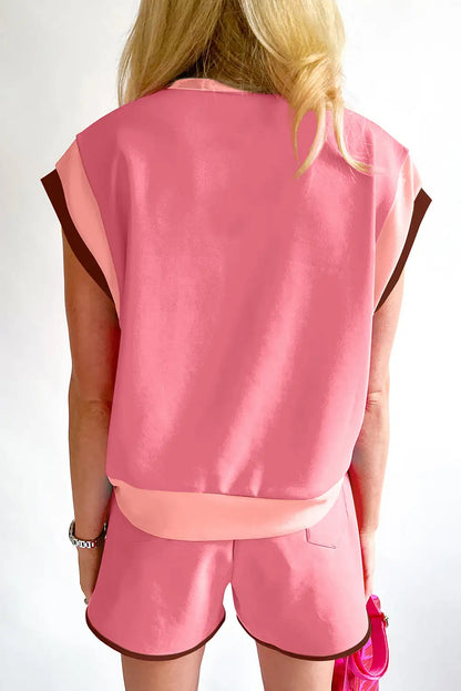 Peach Blossom Colorblock Cap Sleeve Shorts Set