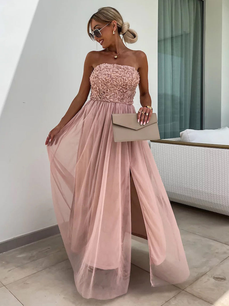 A-line Dress Ruffles Tulle High Slit Off the Shoulder Backless Party Maxi Dresses