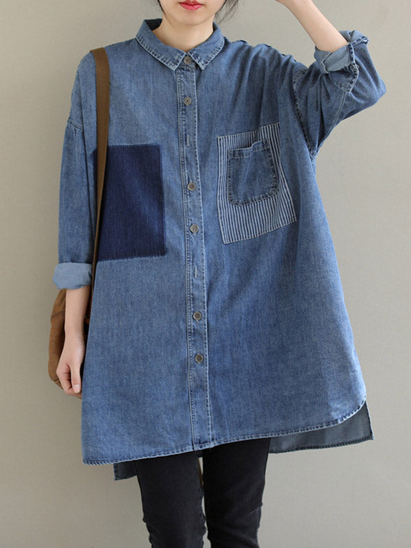High-low Long Sleeves Asymmetric Buttoned Pockets Split-joint Lapel Blouses&shirts Tops